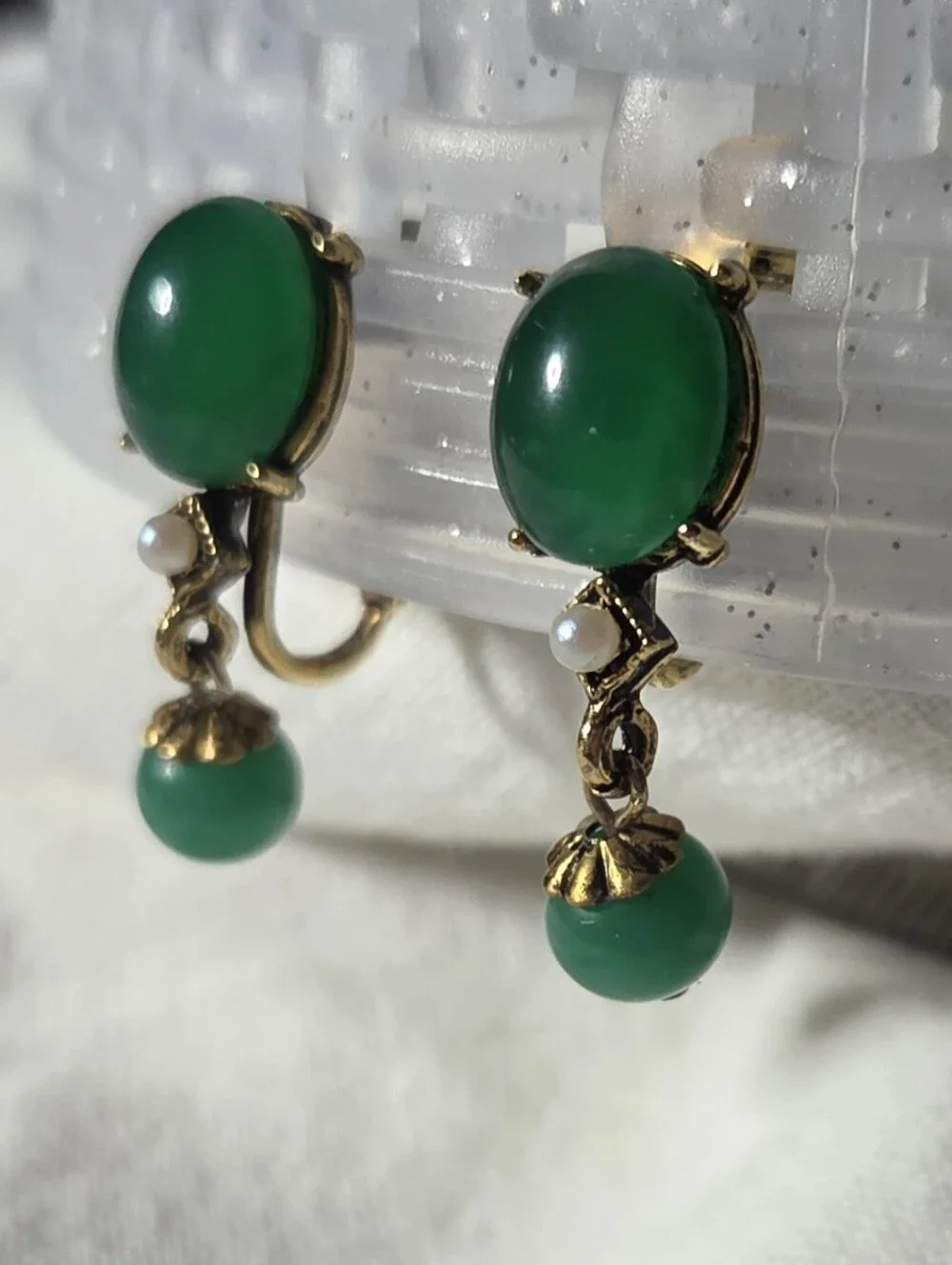 Vintage Green Earrings Lot, 1960s Faux Jade Pearl Drops + 1970s Gold Tassel